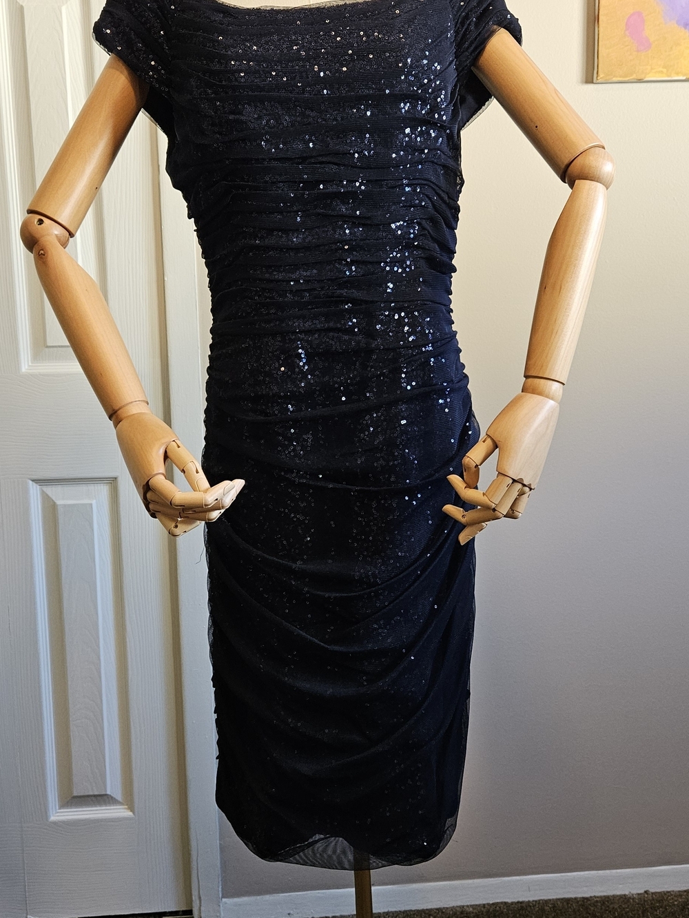 Ralph Lauren Navy Sequin Ruched Midi Dress. Size 14